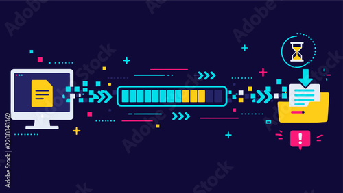 Digital data migration and file transfer process concept with computer and neon loading bar
