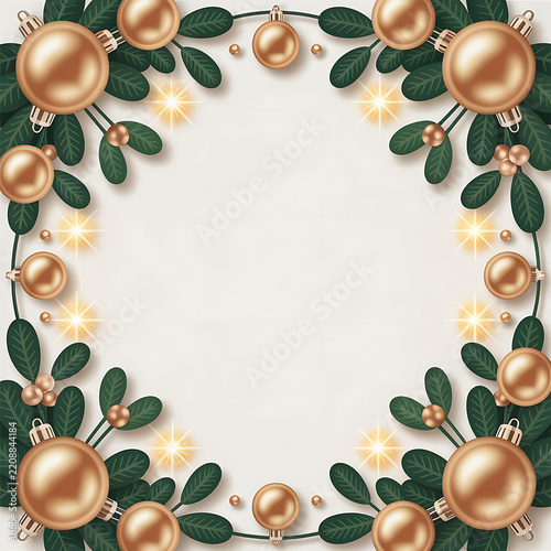 Christmas holiday frame decorated with golden baubles and green mistletoe leaves christmas mistletoe decorative ornaments seasonal celebration background metallic greenery decoration
