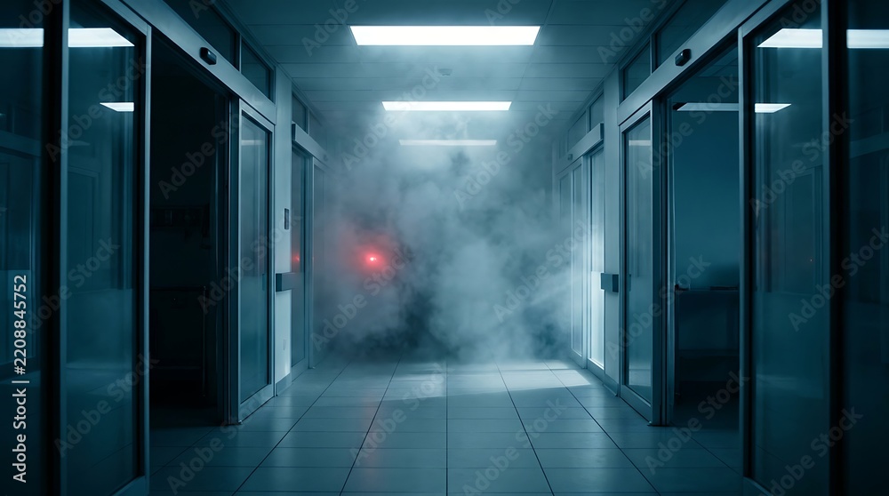 Fototapeta premium Eerie hospital corridor with smoke and red light, mysterious atmosphere, cinematic lighting