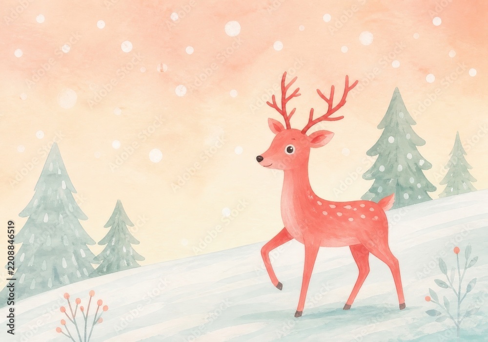 Obraz premium Cute watercolor deer in snowy winter forest landscape