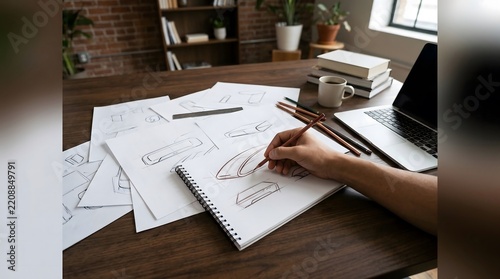 Creative industrial designer sketching new product concepts on wooden desk