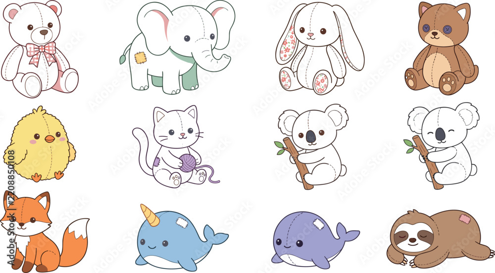Obraz premium Cute Woodland and Ocean Animal Illustration Set with Teddy Bear, Elephant, Bunny, Cat, Koala, Fox, Dolphin, Whale, Sloth, and Chick