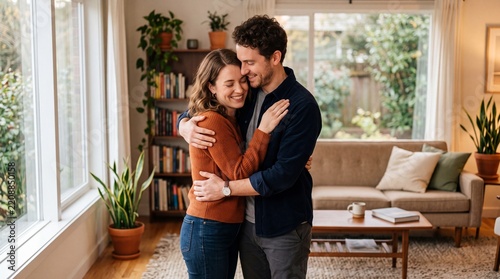 Happy young couple embracing in a cozy living room