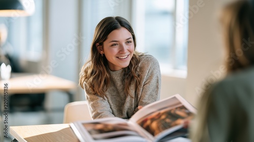 Self-Promotion Month:a confident young female photographer presenting her printed portfolio to a client in a bright modern coworking space