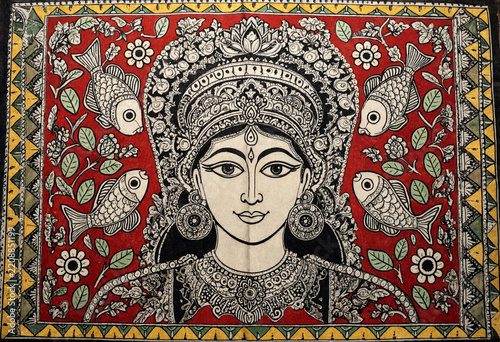 Traditional Indian Goddess Portrait With Floral Fish Pattern Border Artwork