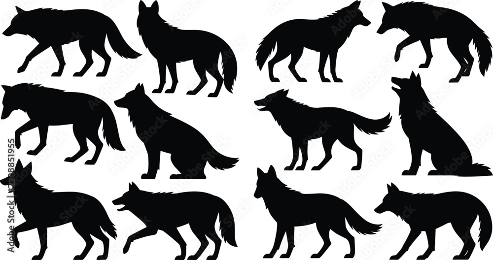 Obraz premium Wolf silhouette icon set featuring standing, walking, sitting, and howling poses for wildlife, nature, and animal design projects