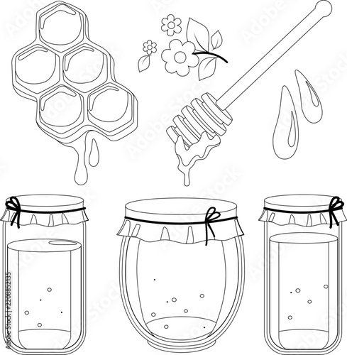 Honey in honey jars, honeycomb and honey dipper. Jar full of fresh honey, wooden stick and honeycombs. Sweet pure honey. Vector black and white coloring page