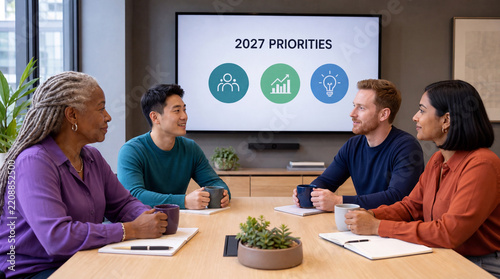 Team discussing 2027 priorities in a meeting room