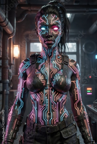 Neon Circuitry Cybernetic Woman Standing Industrial Workshop With Blue Pink Glow Lines On Skin And Gear
