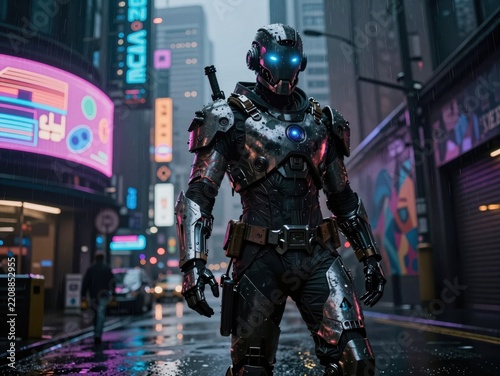 Futuristic Cyberpunk Soldier Standing Alone Under Neon Rainstorm in Urban Street at Night