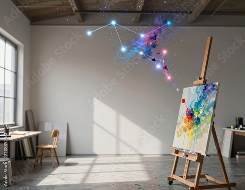 Abstract cosmic constellation floats above vibrant paint-splattered canvas in modern minimalist studio under natural light