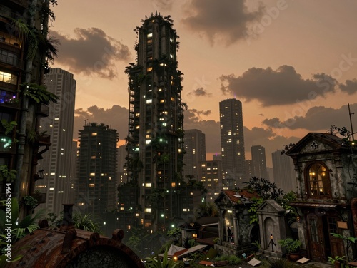 Futuristic Cityscape at Sunset With Overgrown Buildings, Neon Lights, and Verdant Urban Jungle Architecture