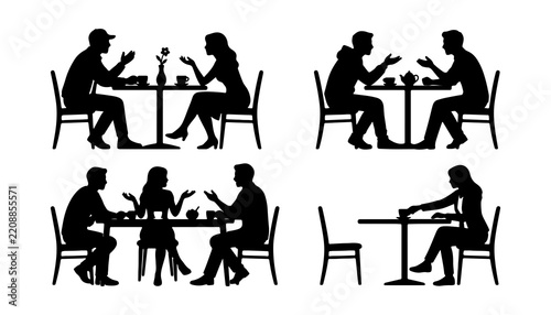 Silhouettes Conversing at Café, Various Poses and Table Settings. Social Interaction Concept, Vector Illustration Design