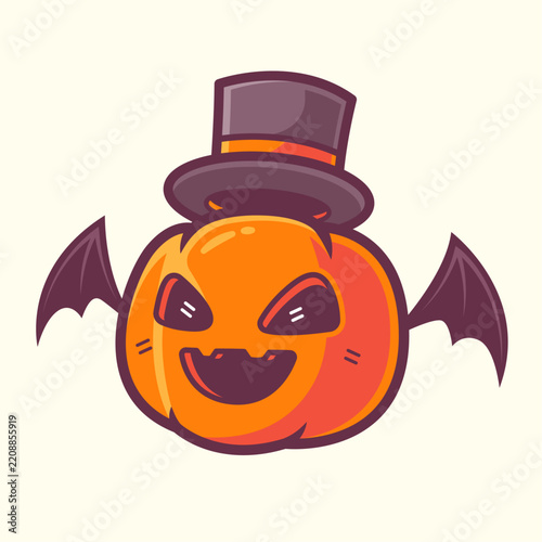 Cute Halloween Pumpkin Mascot Wearing Top Hat with Bat Wings Vector Illustration
