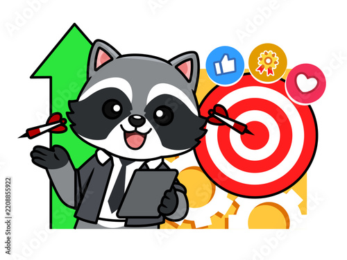 Cute Raccoon Businessman Targeting Growth with Archery Target and Social Media Engagement Marketing Vector Illustration