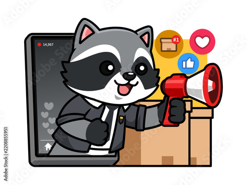 Cute Raccoon Mascot Live Streaming Product Promotion with Megaphone and Social Media Icons Vector Illustration