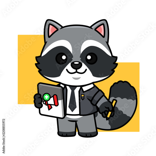 Cute Raccoon Marketing Advisor Mascot Holding Marketing Book and Pencil Vector Illustration