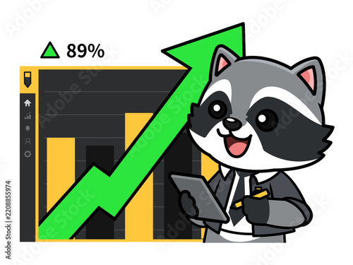Cute Raccoon Businessman Analyzing Growth Chart Data with Green Arrow Going Up Vector Illustration