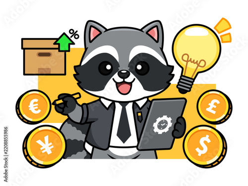 Smart Raccoon Advisor Giving Effective Marketing Strategy Advice with Lightbulb and Gold Currency Coins Vector Illustration
