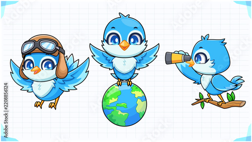 Set of cute blue bird mascot characters flying with pilot helmet standing on earth globe and looking through telescope on branch vector illustration