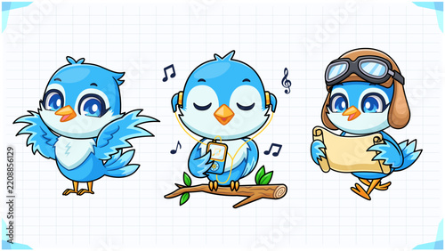 Set of cute blue bird mascot characters waving wings listening to music on branch and holding map wearing pilot helmet vector illustration
