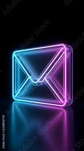 Glowing Neon Cyan and Purple Email Envelope 3D Icon Glowing on Dark Reflective Surface