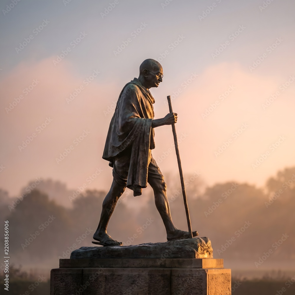Obraz premium A bronze statue of Mahatma Gandhi walking with a stick against a foggy sunrise background, symbolizing peace and the Indian independence movement for historical education.