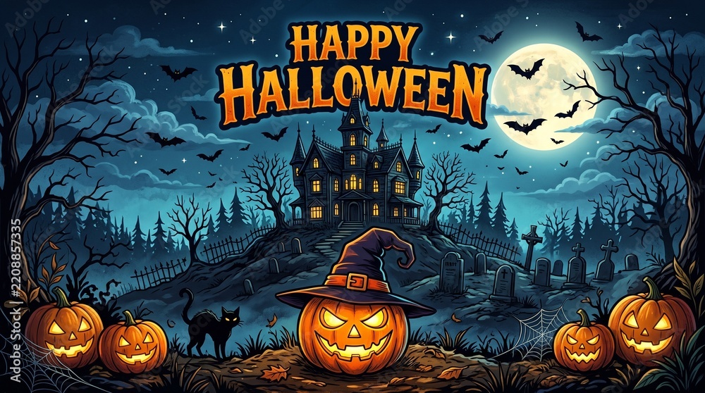 Fototapeta premium Happy Halloween banner with carved pumpkins and haunted mansion under a full moon night sky