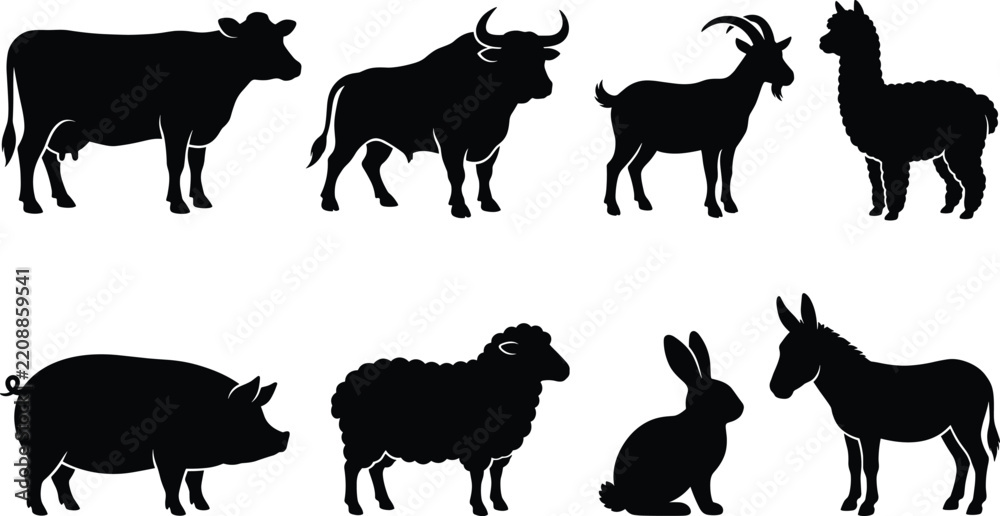 Obraz premium Farm Animal Silhouettes - Vector icon set featuring cow, bull, sheep, pig, goat, and domestic livestock isolated on white background
