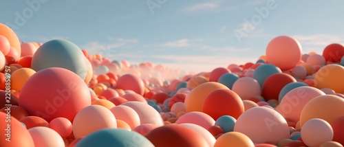 Colorful balloon celebration fills vast surreal landscape, creating joyful panoramic scene beneath soft blue sky with coral, pink, orange, and blue spheres
