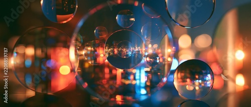Abstract celebration scene through translucent acrylic sphere, with colorful city light reflection and glowing bokeh creating festive atmosphere