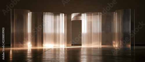 Curved translucent glass panels form contemporary illuminated entrance in dark architectural interior, creating elegant reflections and calm futuristic atmosphere