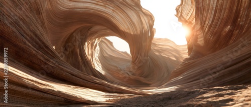 Abstract sandstone canyon with flowing layered rock formations illuminated by warm sunlight, creating dramatic natural landscape and sculptural geological texture