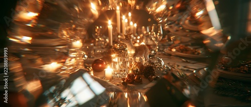 Festive table candlelight setting viewed through faceted glass with glowing centerpiece and elegant dinnerware creates warm celebratory atmosphere for holiday dining and gathering