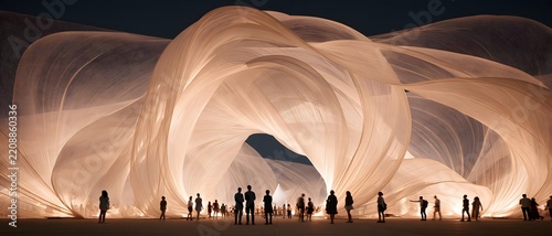 Monumental festival entrance built as translucent fabric arch glows warmly while visitors gather beneath sweeping sculptural curves at night