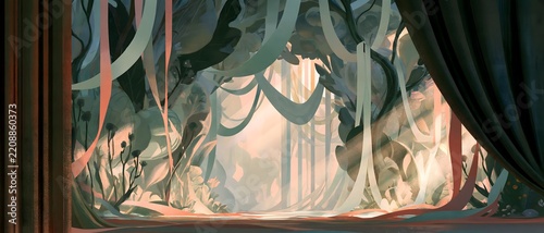 Fantastical forest stage with hanging ribbon and curtain creating mysterious theatrical celebration scene