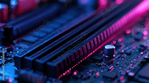 A close-up view of a motherboard with memory slots illuminated by pink and blue neon lights. This represents advanced computer hardware for technology concepts.