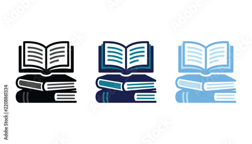 Set of three book icons in different color variations, representing education, reading, literature, and library concepts, flat vector design