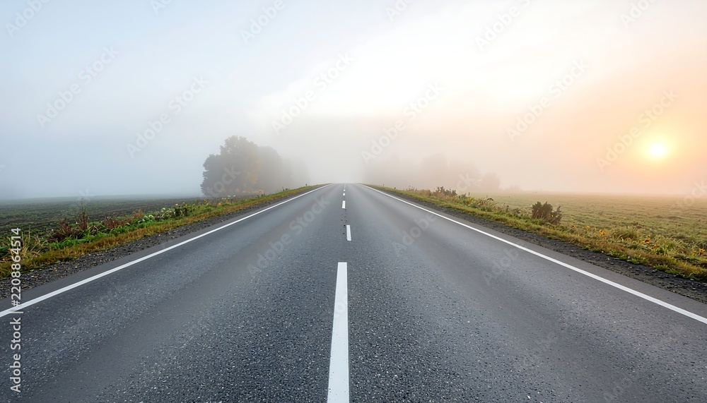 Fototapeta premium Empty Asphalt Highway Stretching into Thick Morning Fog at Sunrise