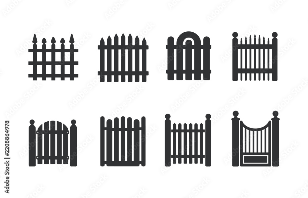 Obraz premium Various Ornamental Fences: A collection of diverse fence designs and styles, showcasing a variety of picket and ornamental gate elements, perfect for illustrating boundary, security.
