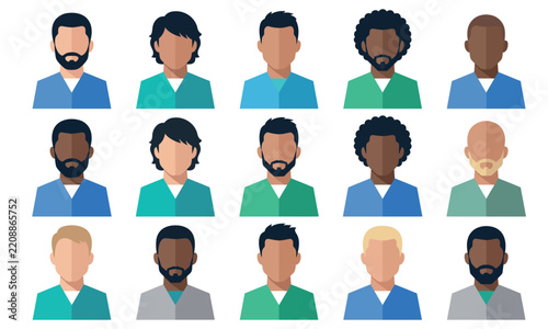 Set of diverse faceless male user avatar profile icons in flat design isolated on white background
