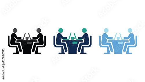 Set of three icons showing two people working on laptops at a table