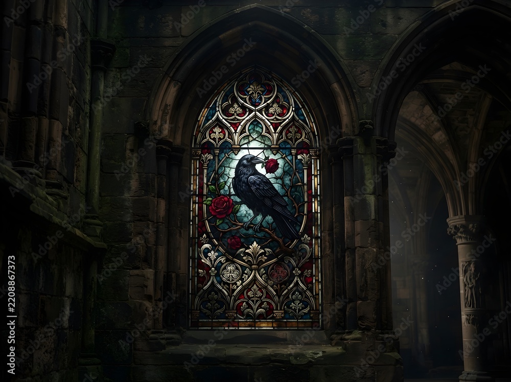 Obraz premium Gothic Stained Glass Window with Raven and Red Rose Dark Romance