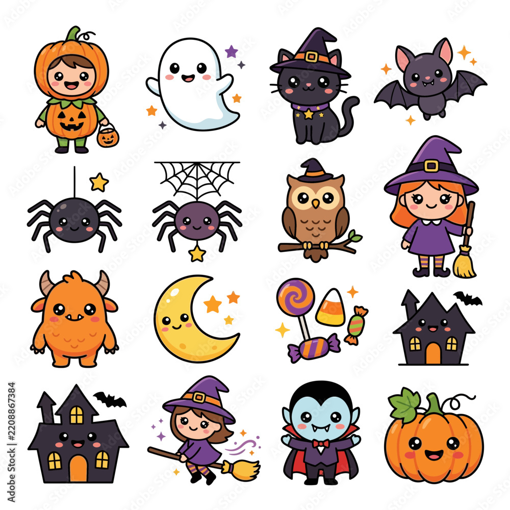 Obraz premium Cute Halloween Characters Set Isolated Transparent Background Vector Illustration