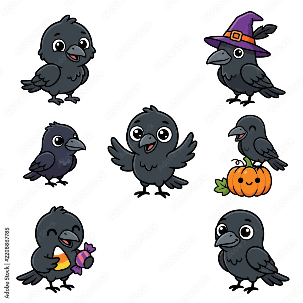 Fototapeta premium Cute Halloween Crows Collection Isolated Transparent Background Vector Art