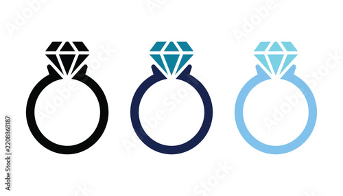 Set of three diamond ring icons in different shades of blue and black, minimalist jewelry symbols for wedding or engagement design