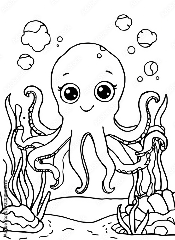 Obraz premium Cute cartoon octopus underwater with seaweed and bubbles coloring page for kids