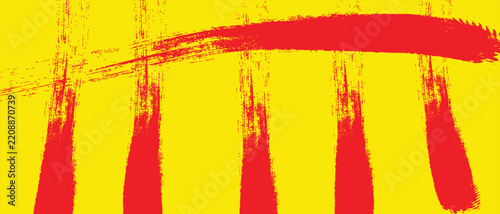 Abstract red grunge brush strokes on yellow background with vertical stripes and curved arc, dry brush paint texture
