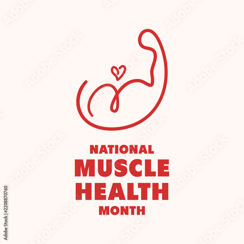 National Muscle Health Month vector illustration with continuous line flexed bicep arm icon and heart symbol for fitness and wellness awareness campaign.