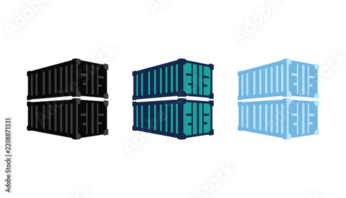 Set of three shipping container icons in different colors, stacked cargo containers for logistics and transportation industry